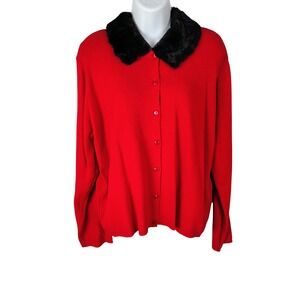 Halmode Plus Red Cardigan Sweater Detachable Faux Fur Collar 16W NEW vtg luxury